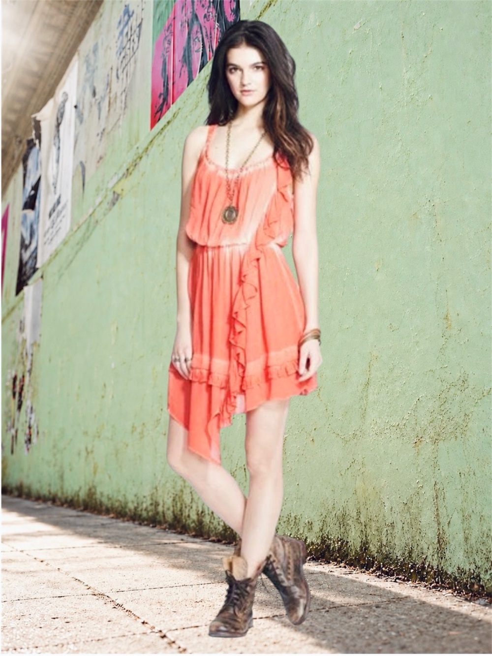 Free People Aphrodite Orange Ruffle Boho Mini Dress Small